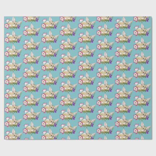 Papier Cadeau Fleurs Fennec Fox mignonnes (Plat)