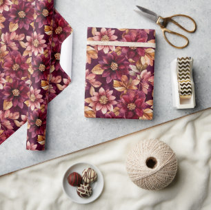 Papier Cadeau Fleurs Feuilles Or Bourgogne Anniversaire