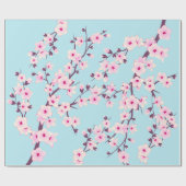 Papier Cadeau Fleurs florales de cerisier bleu ciel rose (Plat)