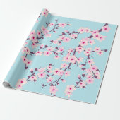 Papier Cadeau Fleurs florales de cerisier bleu ciel rose (Déroulé)