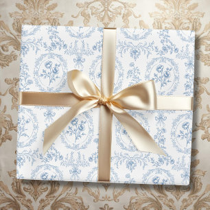 Papier Cadeau Fleurs Florales Vintage Bleu et Blanc