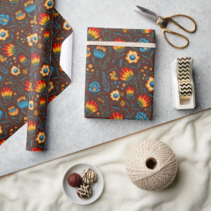 Papier Cadeau Fleurs folkloriques polonaises Wycinanki Brown