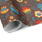 Papier Cadeau Fleurs folkloriques polonaises Wycinanki Brown (Coin rond)