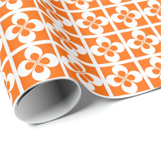 Papier Cadeau Fleurs géométriques blanches sur fond orange (Coin rond)