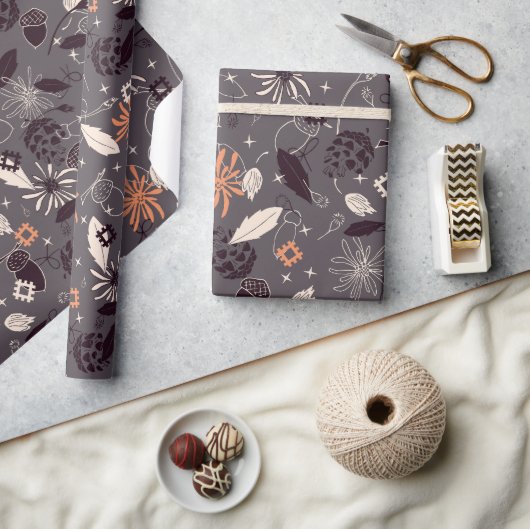 Papier Cadeau Fleurs, glands, cônes de pin, étoiles sur gris (Artisanat)