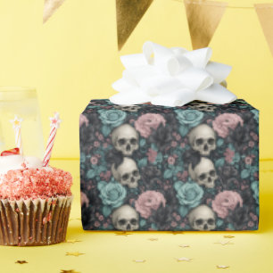 Papier Cadeau Fleurs gothiques aqua rose et noires