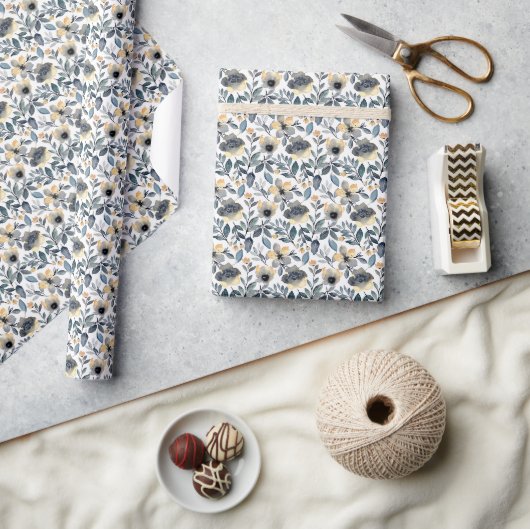 Papier Cadeau "Fleurs Gris et Or (Artisanat)