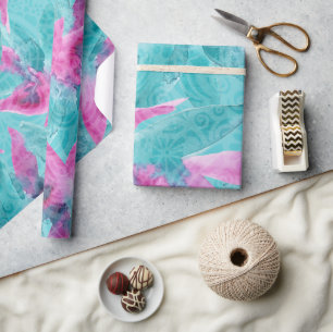 Papier Cadeau Fleurs hawaïennes Abstraites turquoise rose