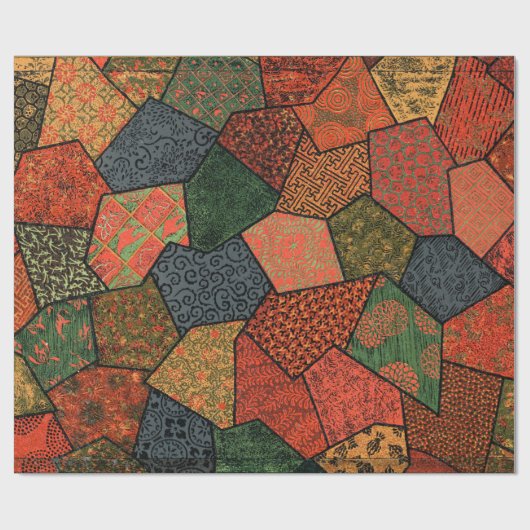 PAPIER CADEAU FLEURS JAPONAISES ANCIENNES, FEUILLES, FLEURS GÉOM (Plat)