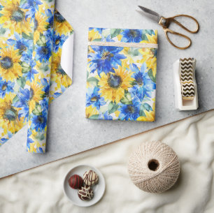 Papier Cadeau Fleurs Jaunes Bleu Anniversaire