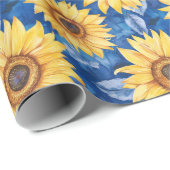 Papier Cadeau Fleurs Jaunes Bleu Anniversaire (Coin rond)