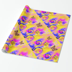 PAPIER CADEAU FLEURS JAUNES, BOUTEILLES D'OR