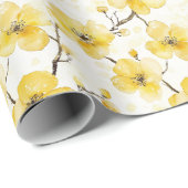 Papier Cadeau Fleurs Jaunes Dorées Mariage (Coin rond)