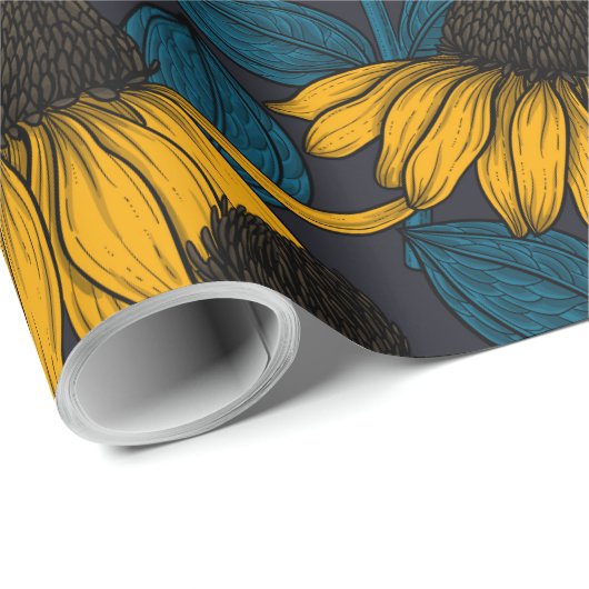 Papier Cadeau Fleurs jaunes sur bleu foncé (Coin rond)