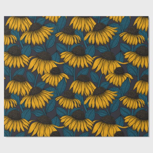 Papier Cadeau Fleurs jaunes sur bleu foncé (Plat)