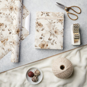Papier Cadeau Fleurs Marron Crème Anniversaire