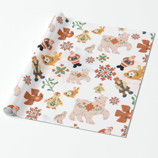 Papier Cadeau Fleurs mignonnes Motif de Noël avec Père Noël (Déroulé)