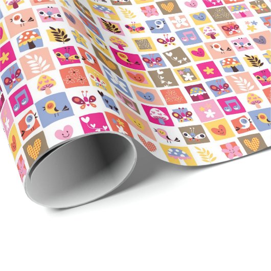 Papier Cadeau fleurs mignonnes, oiseaux, coeurs carré motif (Coin rond)