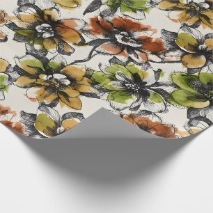 Papier Cadeau Fleurs Moyennes Abstraites au Stylo et à l'Encre a