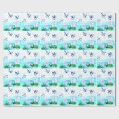 Papier Cadeau Fleurs nénuphars libellules turquoise (Plat)