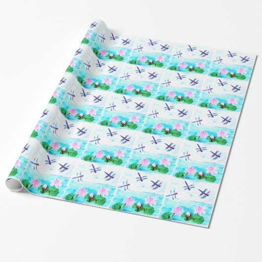 Papier Cadeau Fleurs nénuphars libellules turquoise (Déroulé)