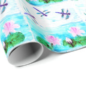 Papier Cadeau Fleurs nénuphars libellules turquoise (Coin rond)