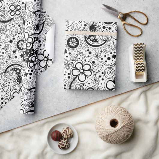 Papier Cadeau Fleurs noir et blanc (Artisanat)