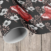 Papier Cadeau Fleurs noires et blanches avec papillons rouges