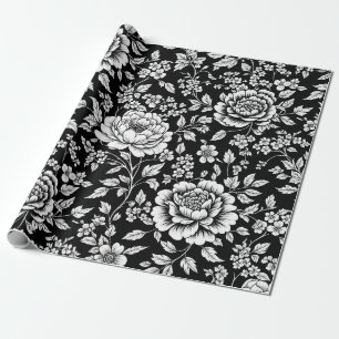 Papier Cadeau Fleurs noires et blanches, motif sans couture vint