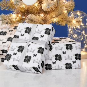 Papier Cadeau Fleurs noires et couronnes d'argent