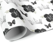 Papier Cadeau Fleurs noires et Couronnes d'argent (Coin rond)