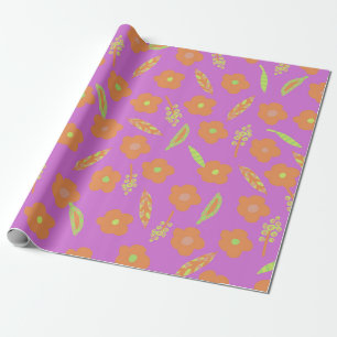 Papier Cadeau Fleurs orange et feuilles vert citron vert sur ros