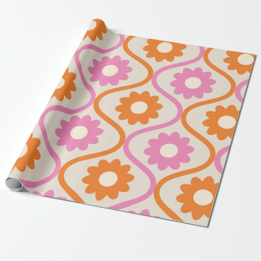 Papier Cadeau Fleurs orange et rose sur Motif d'oignon rétro (Déroulé)