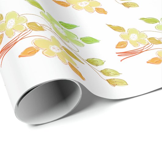 Papier Cadeau Fleurs orange et vert (Coin rond)
