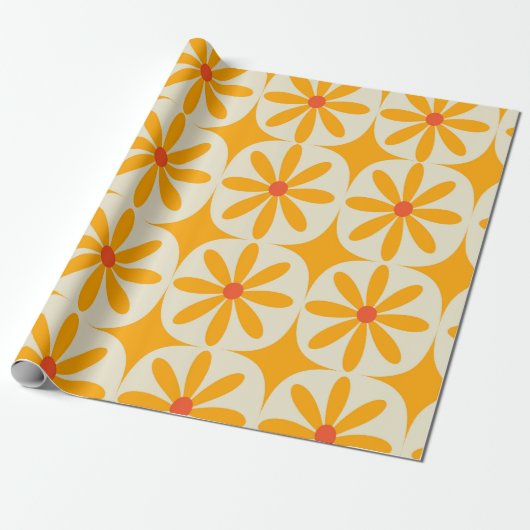 Papier Cadeau Fleurs orange rétro groovy avec explosions atomiqu (Déroulé)