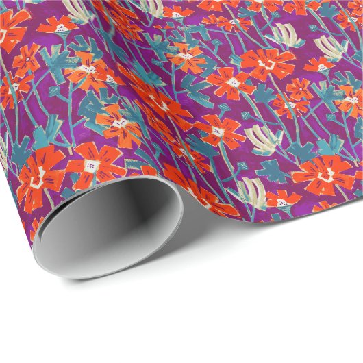 Papier Cadeau Fleurs orange sur coussin pourpre (Coin rond)