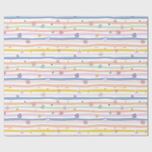 Papier Cadeau Fleurs Pastel Rayures Fille Fête Prénatale Mariage (Plat)