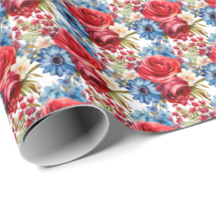 Papier Cadeau Fleurs Patriotique Rouge Blanc et Bleu