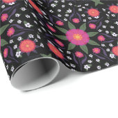 Papier Cadeau Fleurs peintes à la main de Bohème sur le noir (Coin rond)