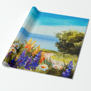 Papier Cadeau fleurs peintes à l'huile près de la mer, champ de