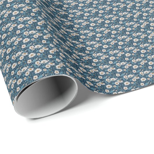 Papier Cadeau Fleurs peintes bleues et blanches (Coin rond)