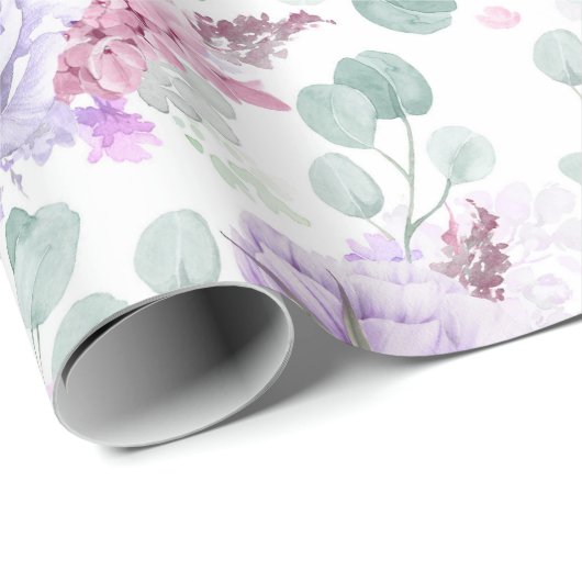 Papier Cadeau Fleurs pourpres Dusty Eucalyptus Feuille Botanique (Coin rond)