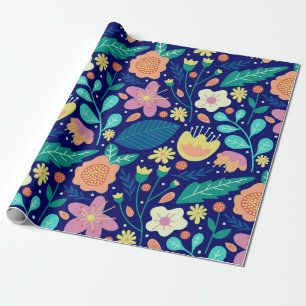 Papier Cadeau Fleurs printanières colorées motif sur bleu