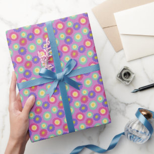 Papier Cadeau Fleurs Rétro Colorées en Violets Roses Verts