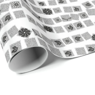 Papier Cadeau Fleurs rétro noir et blanc Enveloppement cadeau
