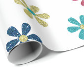 Papier Cadeau Fleurs rétros 60s Gold Blue Red Parties scintillan (Coin rond)