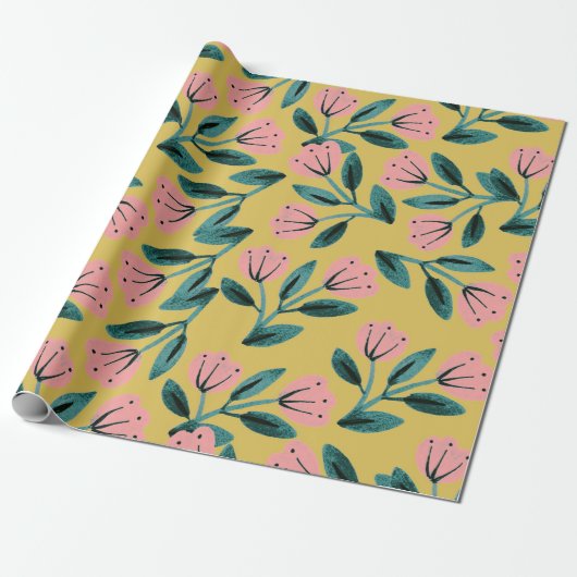 Papier Cadeau Fleurs rose et or (Déroulé)