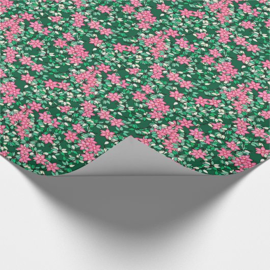 Papier Cadeau Fleurs roses, arrière - plan vert foncé (Coin)