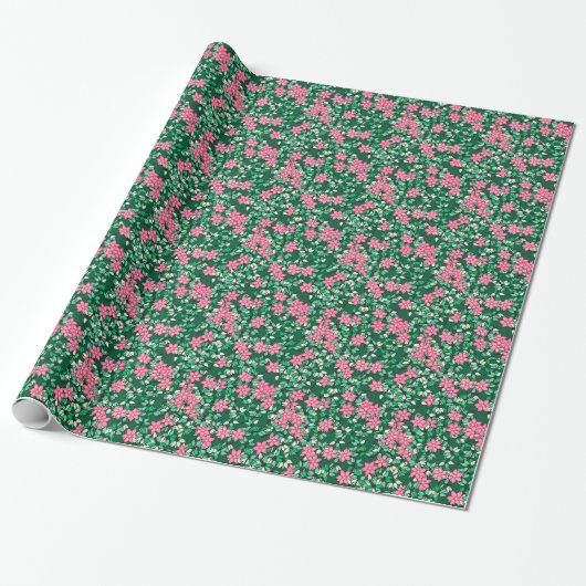 Papier Cadeau Fleurs roses, arrière - plan vert foncé (Déroulé)