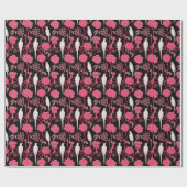 PAPIER CADEAU FLEURS ROSES ART DÉCO, PAROIS BLANCS SUR NOIR (Plat)